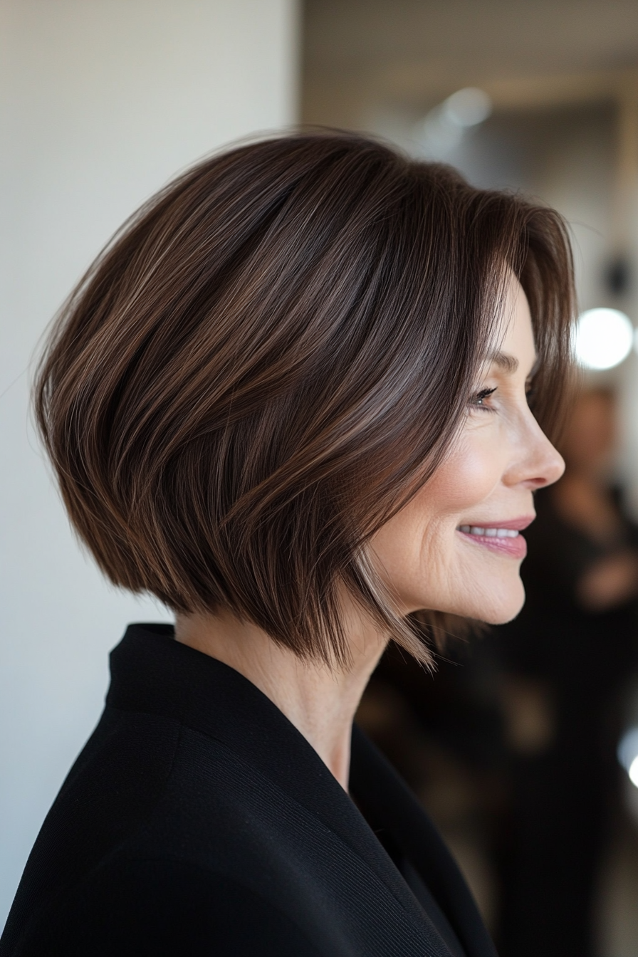 13. Cool Brown gestapelt Bob mit stumpfen Enden (gestapelte Haarschnitte für ältere Frauen) - gestapelte Haarschnitte für ältere Frauen