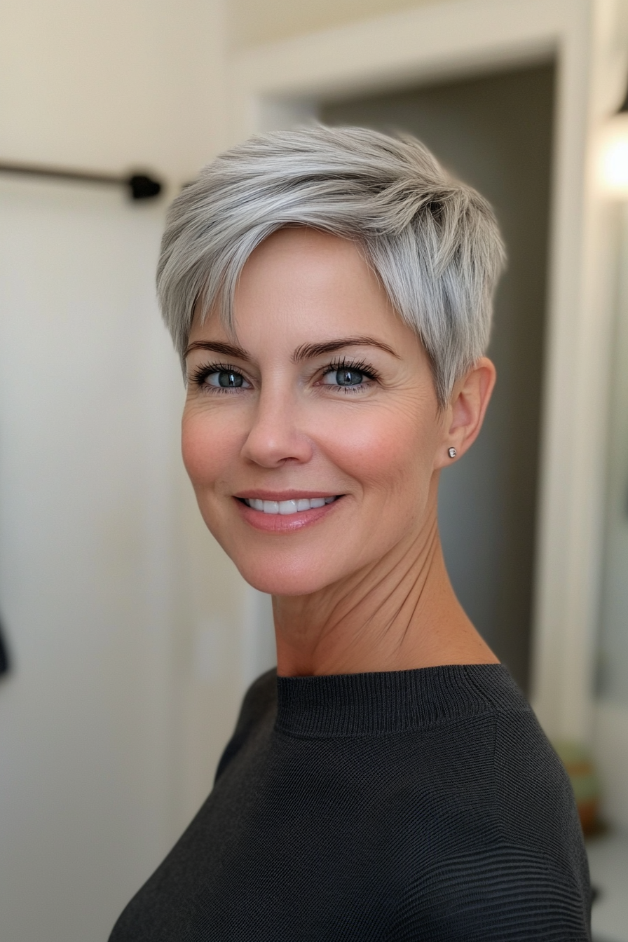 13. Cropped Frost Grey Pixie (Pixie -Haarschnitte für Frauen über 50 mit silbernen Haaren) - Pixie -Haarschnitte für Frauen über 50 mit silbernen Haaren