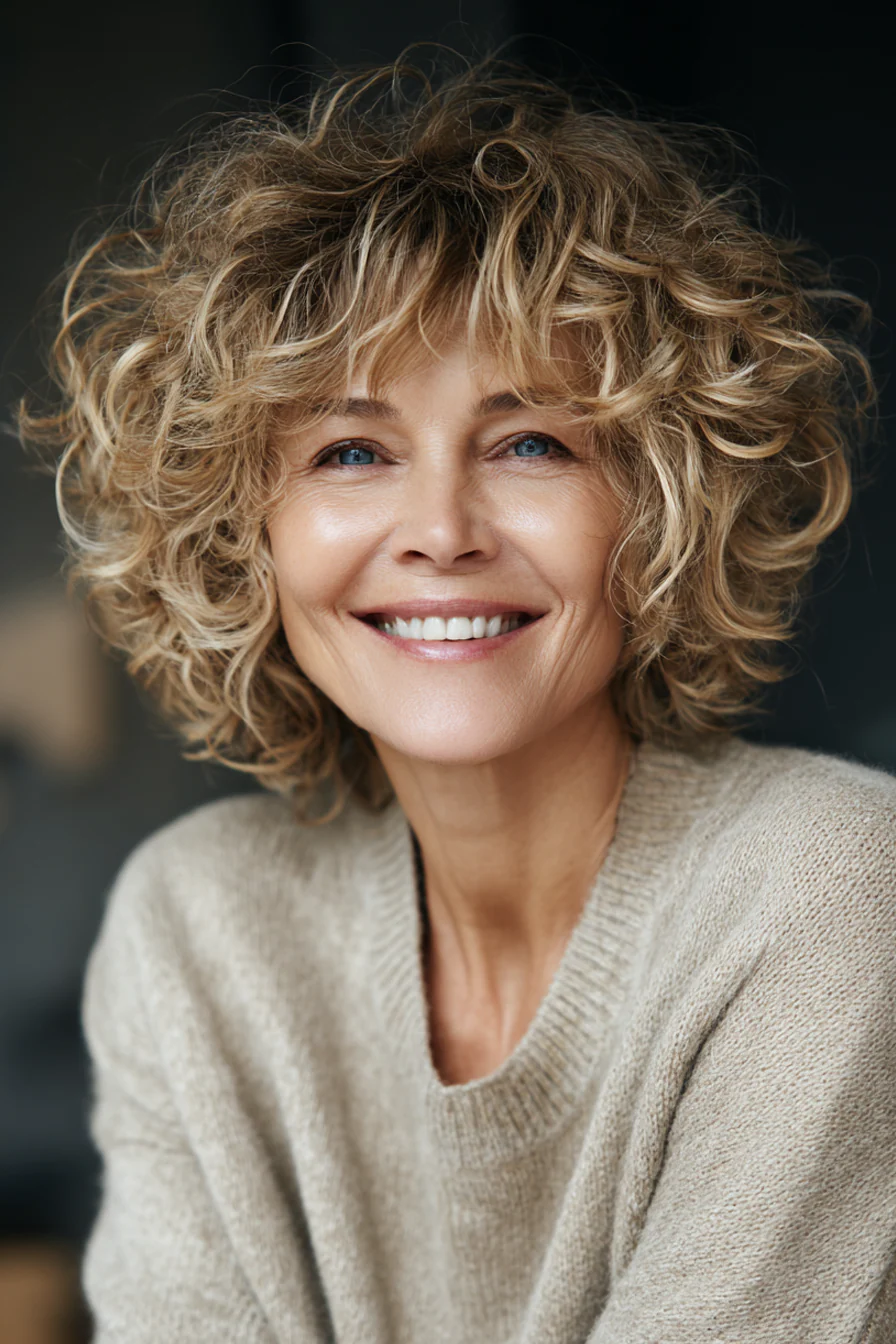 13. Lockiger Bob mit weichem Vorhang-Pony in Sandblond (kurze Frisuren für Frauen über 60 mit lockigem Haar) – Kurze Frisuren für Frauen über 60 mit lockigem Haar