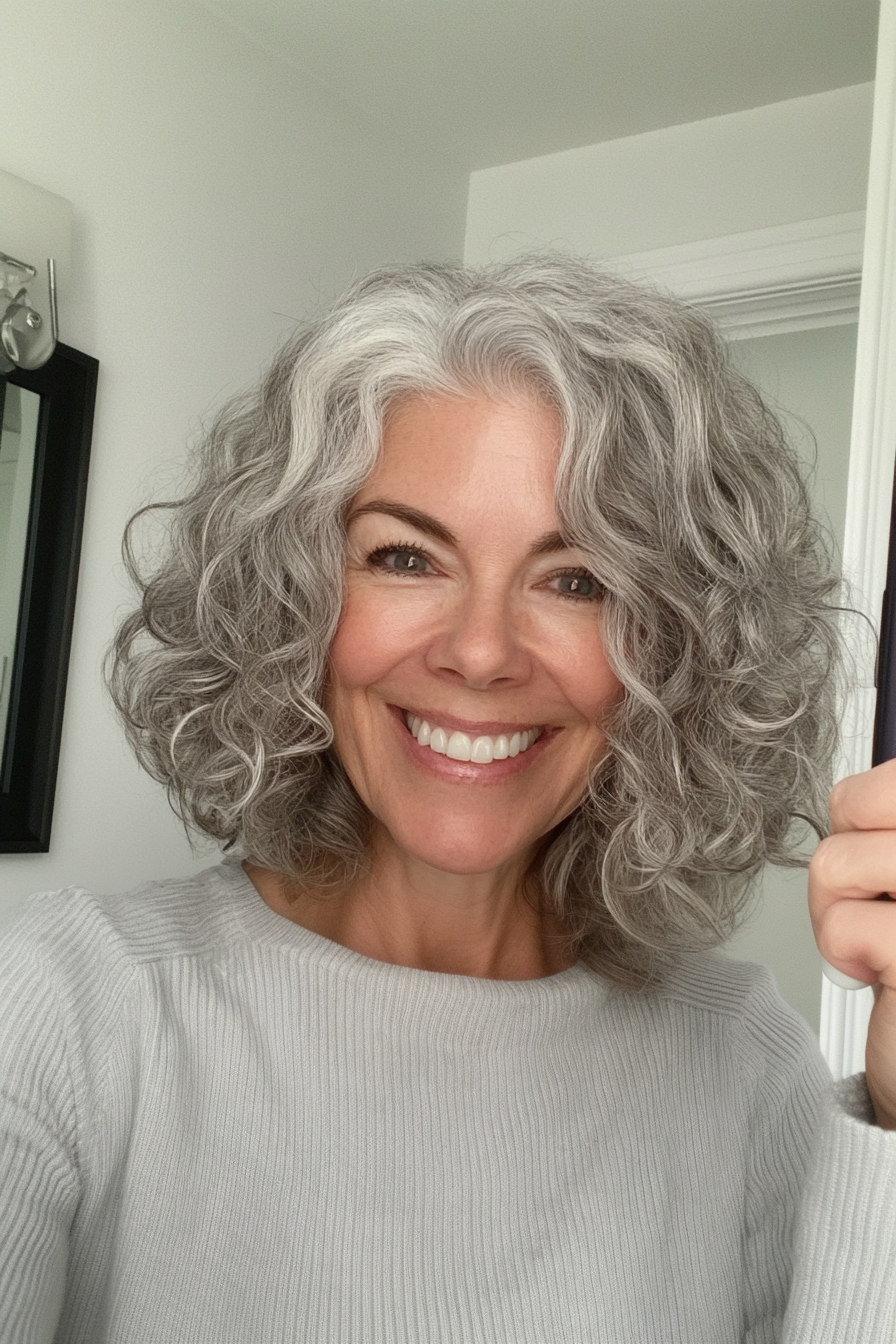 13. Curly Bob mit natürlicher grauer Mischung (einfache Haarschnitte für Frauen über 40) - einfache Haarschnitte für Frauen über 40