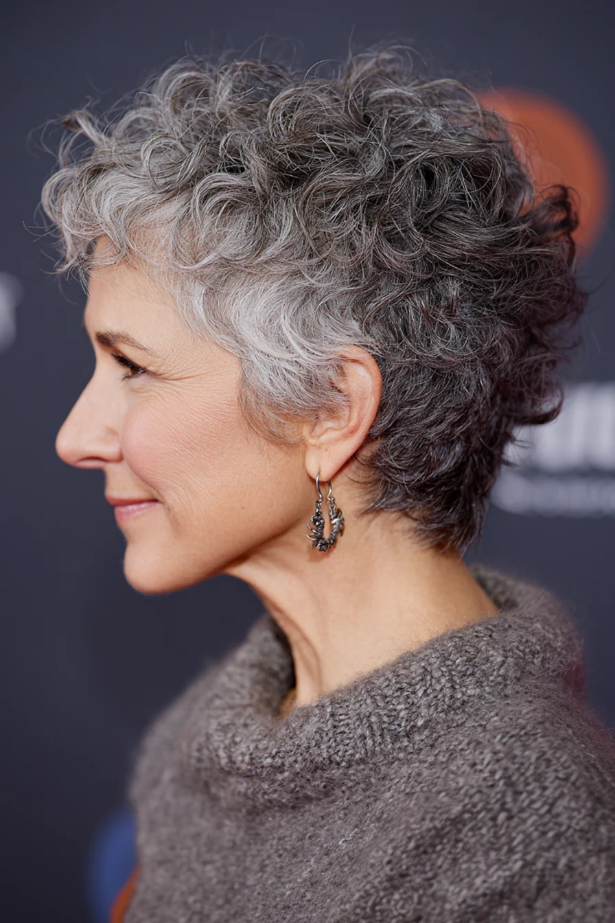 13. Curly Grey Shag Pixie (kurze zottelige Frisuren für ältere Frauen) – Kurze zottelige Frisuren für ältere Frauen
