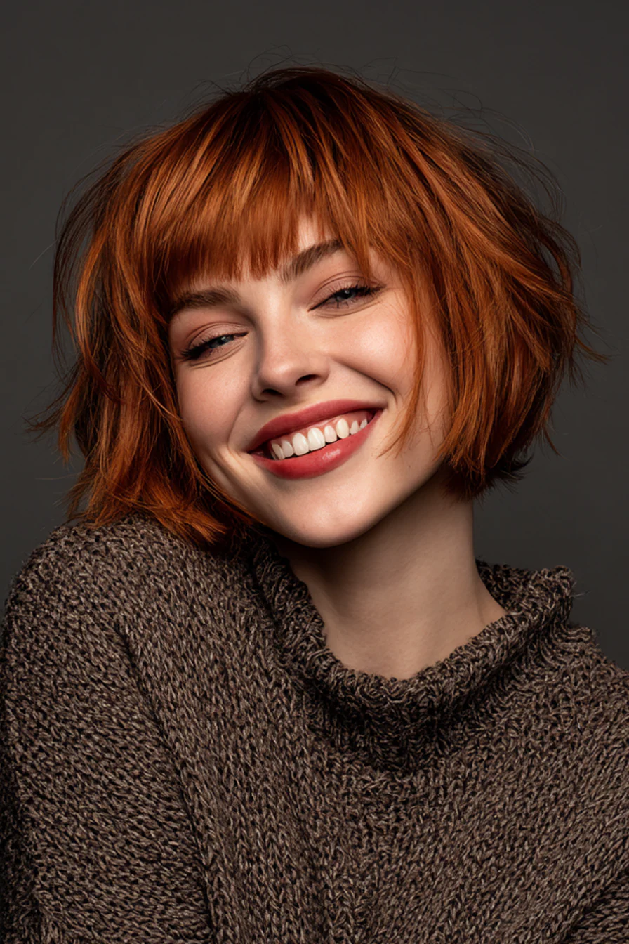 13. Geschwungener Bob mit zimtfarbenem vollem Pony (Bob-Frisuren mit Pony) – Bob-Frisuren mit Pony