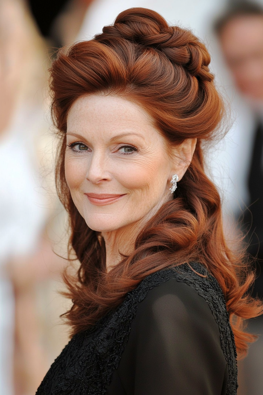 13. Dark Auburn Twisted Half -up -Stil (Hochzeitsfrisuren für ältere Frauen) - Hochzeitsfrisuren für ältere Frauen