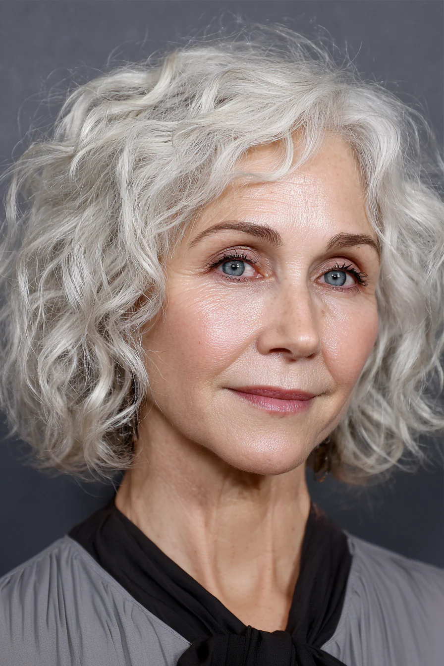 13. Ohrlanger lockiger Bob in Eisweiß (kurze gewellte Haarschnitte für ältere Frauen) – Kurze gewellte Haarschnitte für ältere Frauen