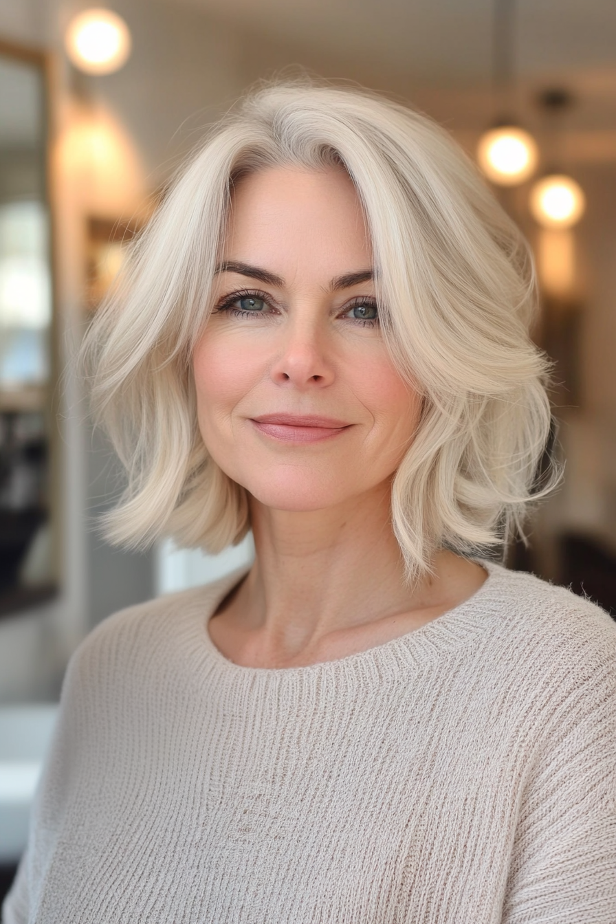 13. eisiger blonde gebogene Bob (mittelgroße Haarschnitte für Frauen über 60) - Haarschnitte mit mittlerer Länge für Frauen über 60
