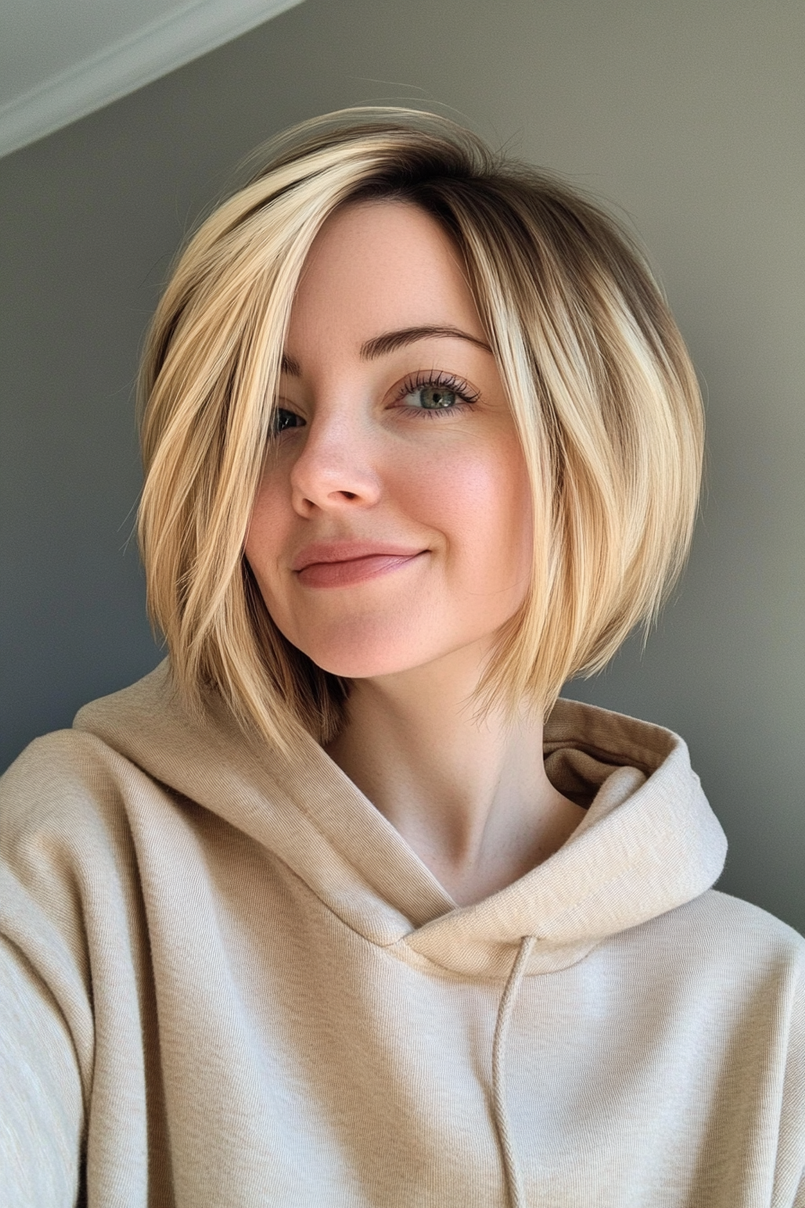 13. Kieferlange Bob mit Wurzelbutterblond (geschichtete Haarschnitte für das dünner Haar) - Geschichtete Haarschnitte für das Ausdünnen von Haaren