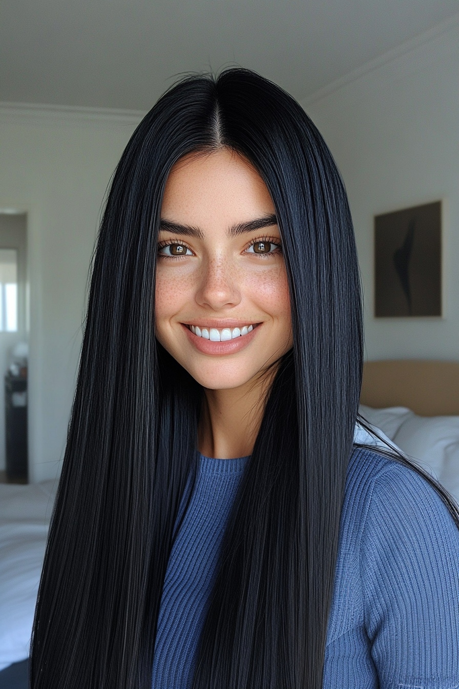 13. Jetschwarzer, gerade geschnitten mit definiertem mittlerem Teil (glatte Haarhaarschnitte) - Straight Hair Haircuts