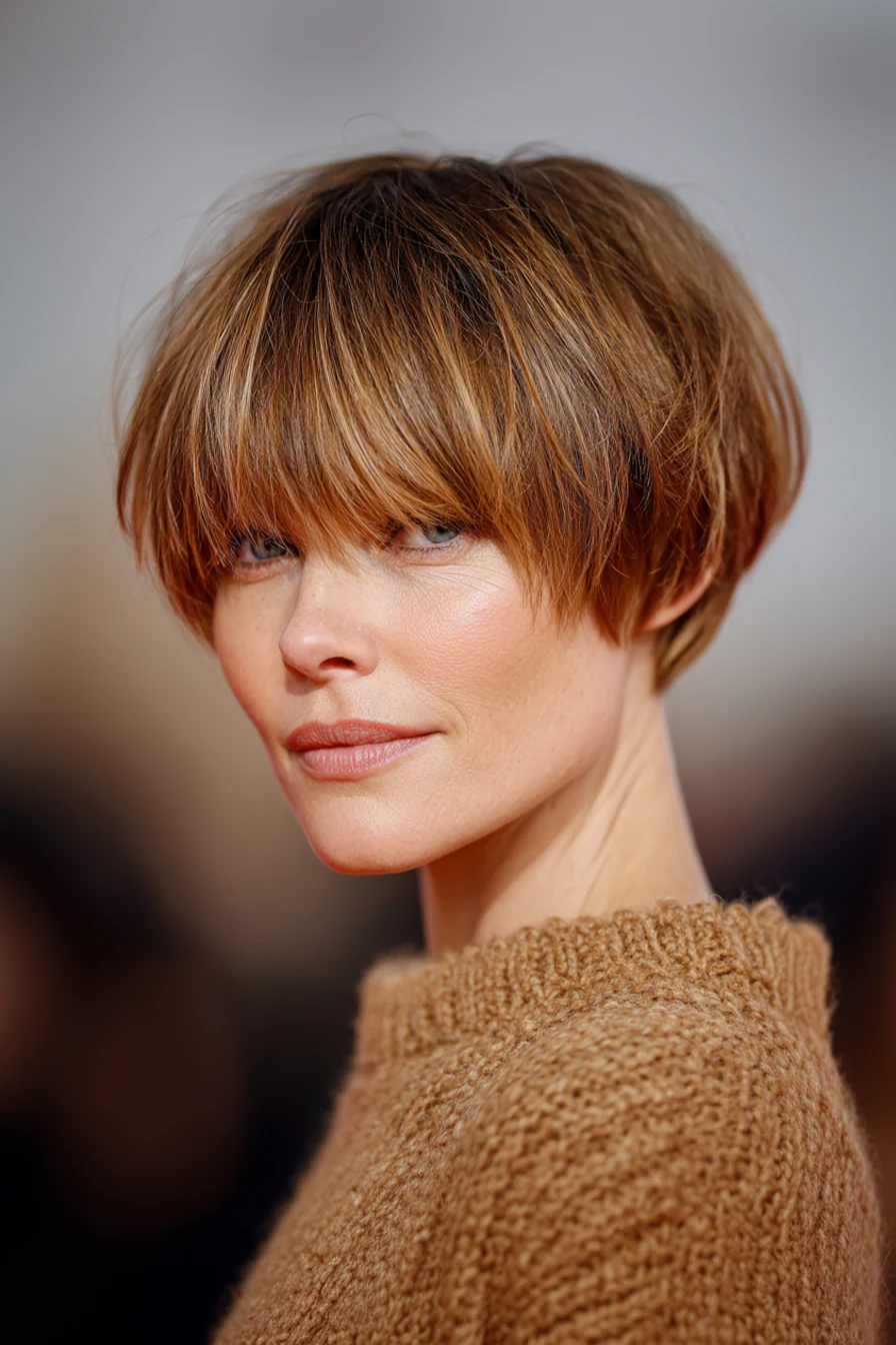 13. Layered Bowl Cut in Haselnussbraun (Kurzhaarschnitte für Frauen über 40 mit feinem Haar) – Kurzhaarschnitte für Frauen über 40 mit feinem Haar