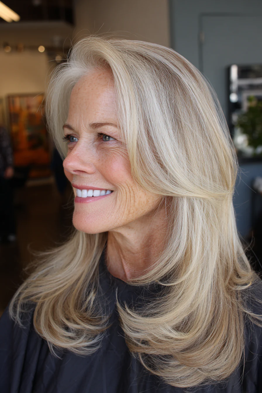 13. Stufenschnitt mit babyblonden Enden (lange Frisuren für Frauen über 60 mit dünnem Haar) – Lange Frisuren für Frauen über 60 mit dünnem Haar