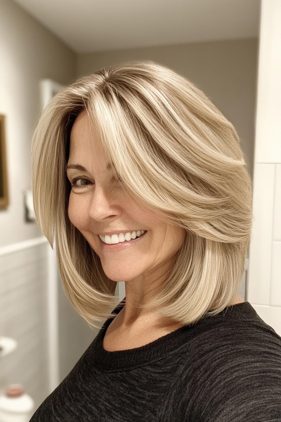 13. Layered Lob mit weichen beige blonden Highlights (Frisuren für Frauen über 60 mit dickem Haar) - Frisuren für Frauen über 60 mit dicken Haaren