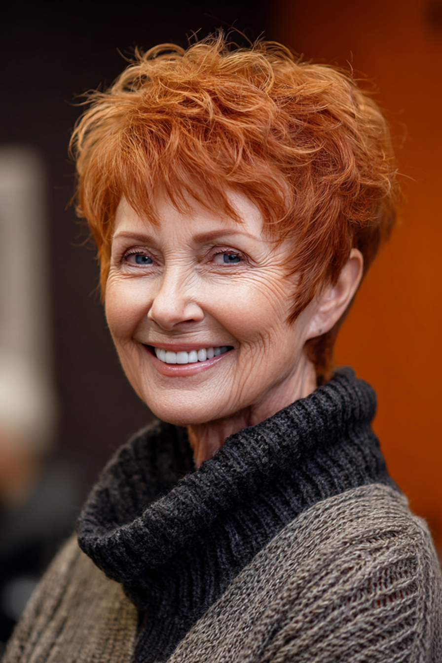 13. Stufen-Pixie mit Kupferglanz (Stufen-Pixie-Haarschnitte für Frauen über 60) – Stufen-Pixie-Haarschnitte für Frauen über 60