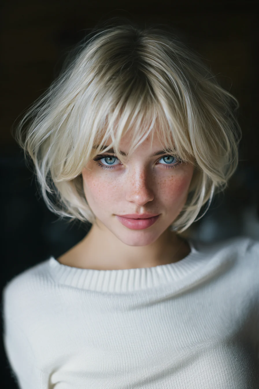 13. Hellblonder geschichteter Bob mit Swoop Bangs (geschichtete Frisuren für dünnes Haar) – geschichtete Frisuren für dünnes Haar