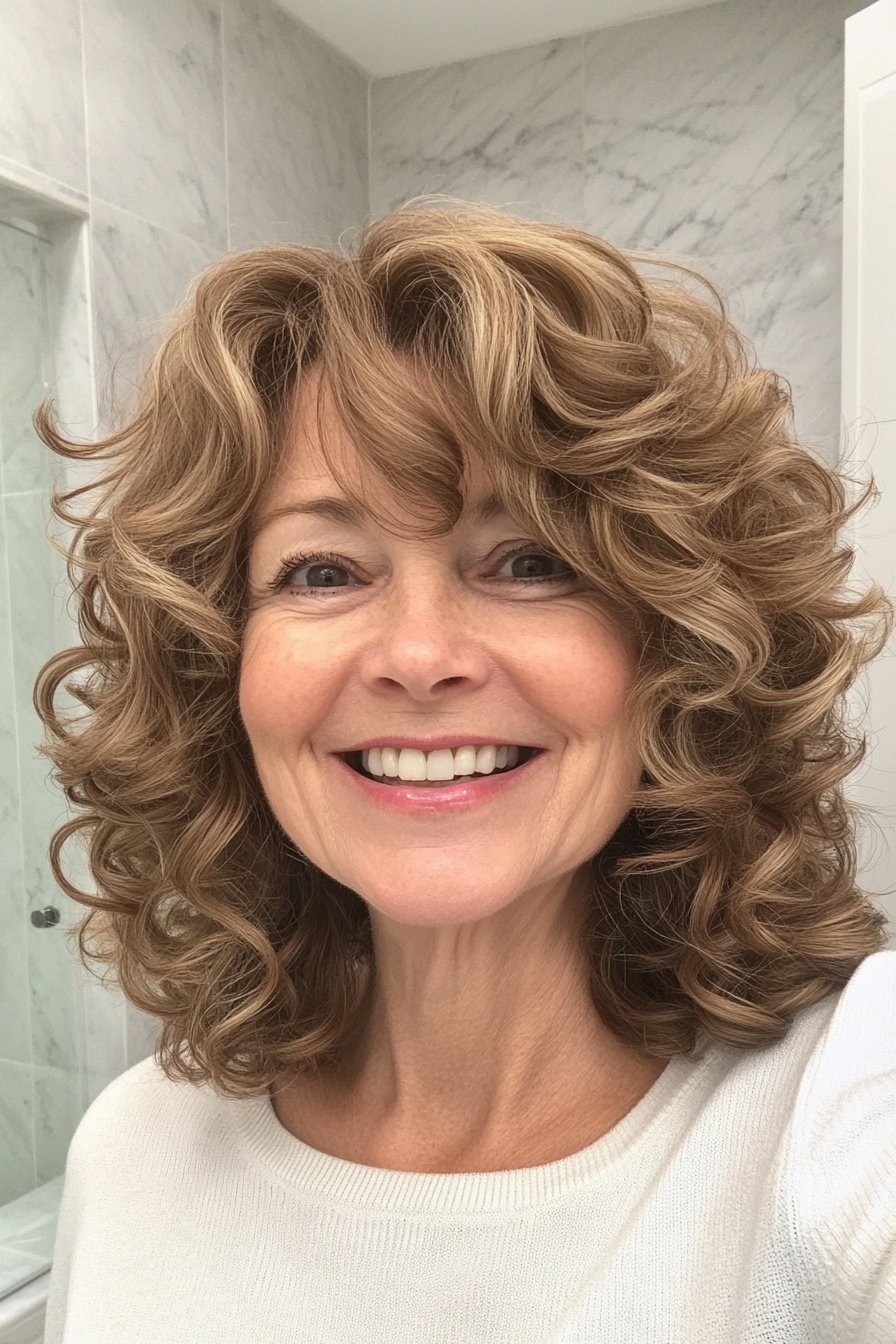 13. hellbraune, geschichtete Locken (lockige Haarschnitte für Frauen über 50) - lockige Haarschnitte für Frauen über 50