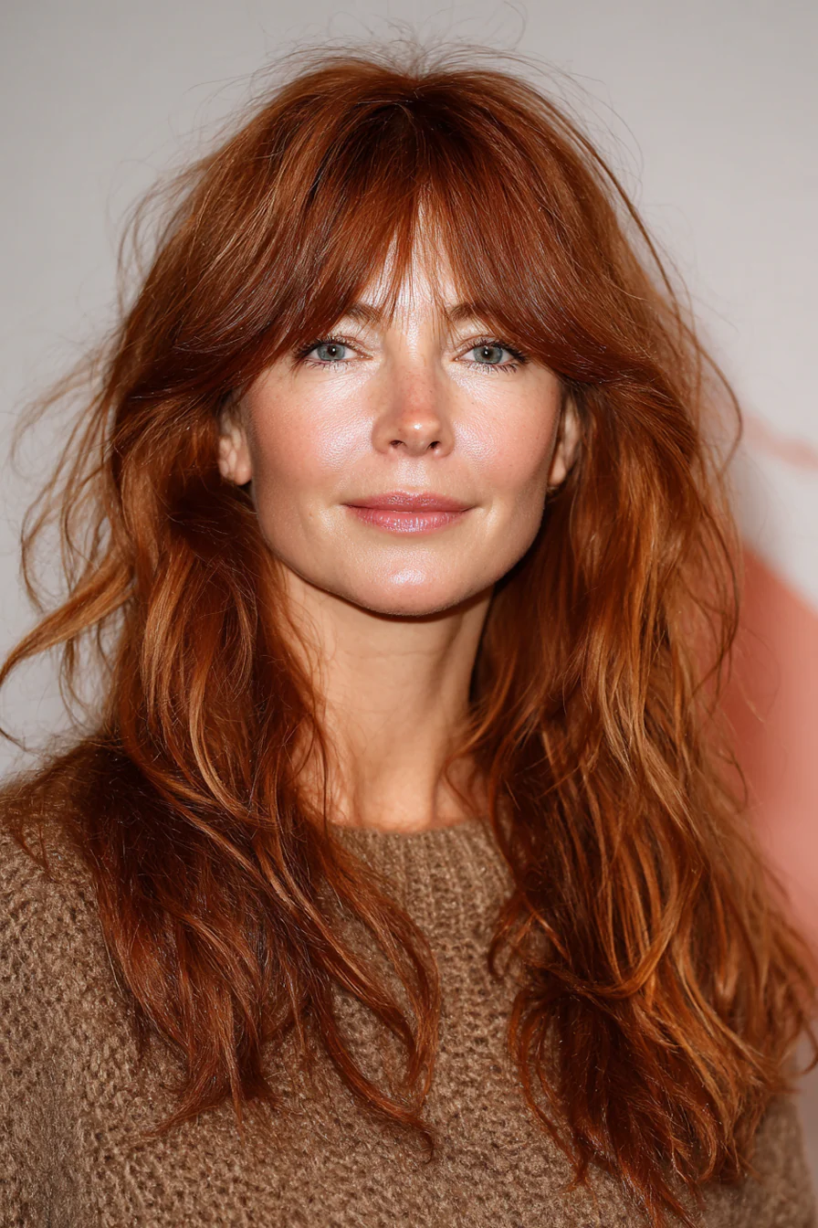 13. Langer kastanienbrauner Zottel mit herabhängenden Fransen (lange Zottelfrisuren für ältere Frauen) – Lange Zottelfrisuren für ältere Frauen