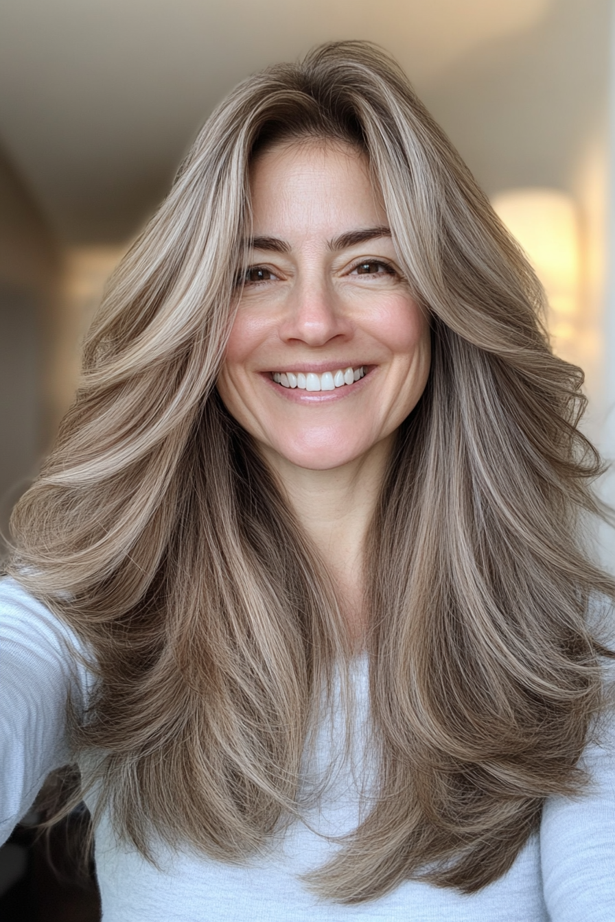 13. Langschicht geschnitten mit hellbrauner (beste Haarschnitte für Frauen über 40) - beste Haarschnitte für Frauen über 40