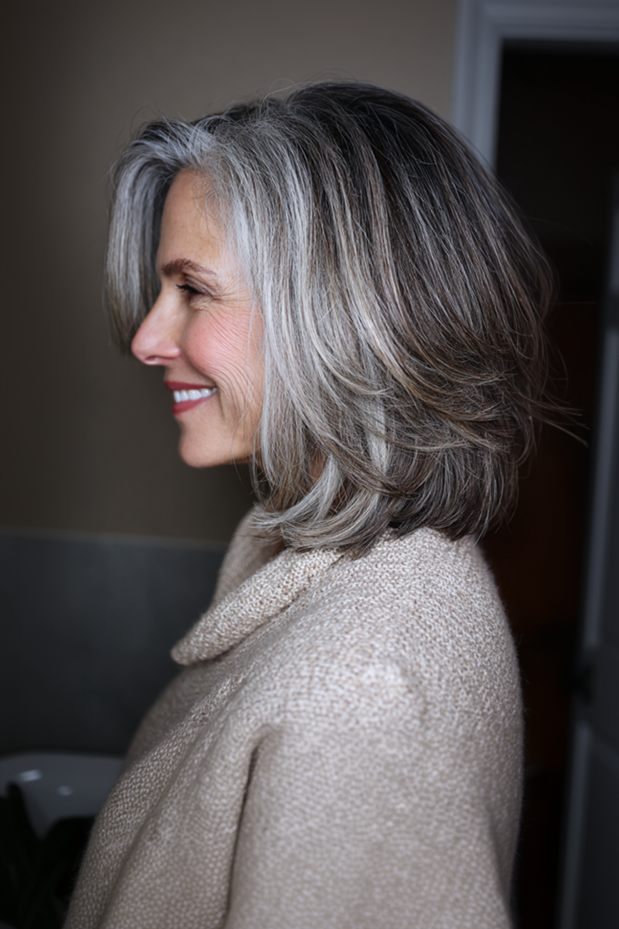 13. Lange Schichten mit subtilen silbernen Highlights (geschichtete Frisuren für ältere Frauen mit feinem Haar) - geschichtete Frisuren für ältere Frauen mit feinem Haar