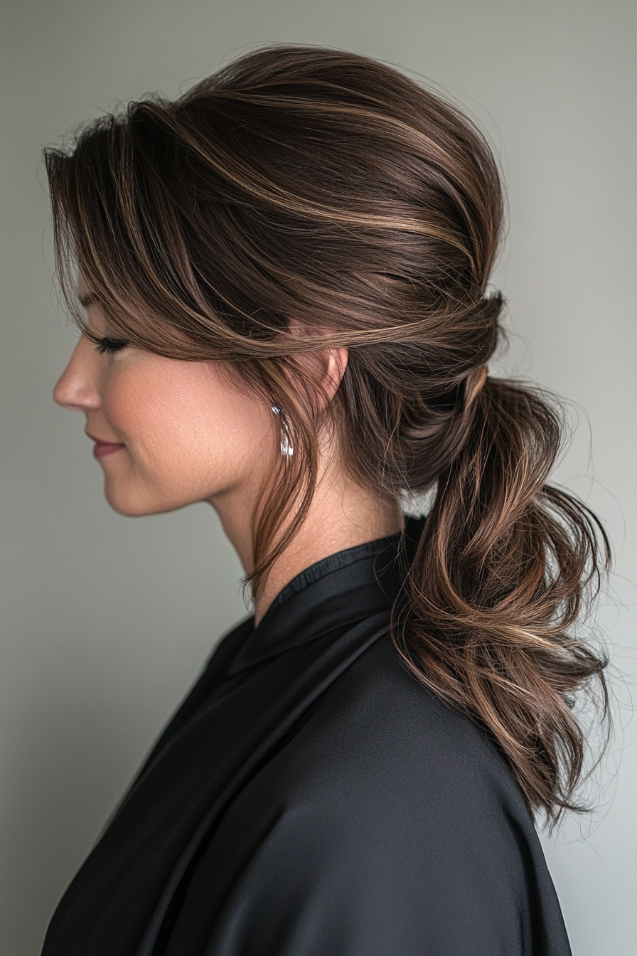 13. Niedriger Seitenschwanz mit tiefen Mahagoni -Schichten (Pferdeschwanzfrisuren Frauen über 40) - Pferdeschwanzfrisuren Frauen über 40