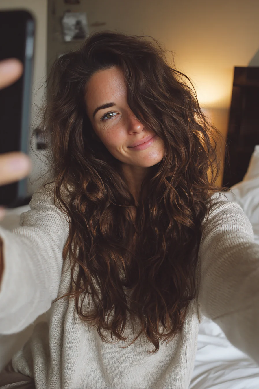 13. Natürliche brünette undone Waves (lange gewellte Frisuren) – Lange gewellte Frisuren