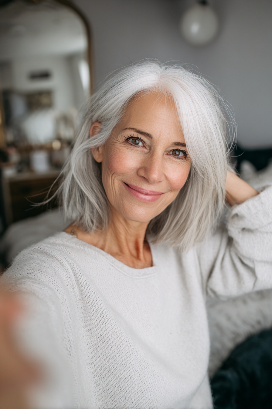 13. Natürlich weißer, ausgewachsener Bob (weiße Frisuren für Frauen über 50) – Weiße Frisuren für Frauen über 50