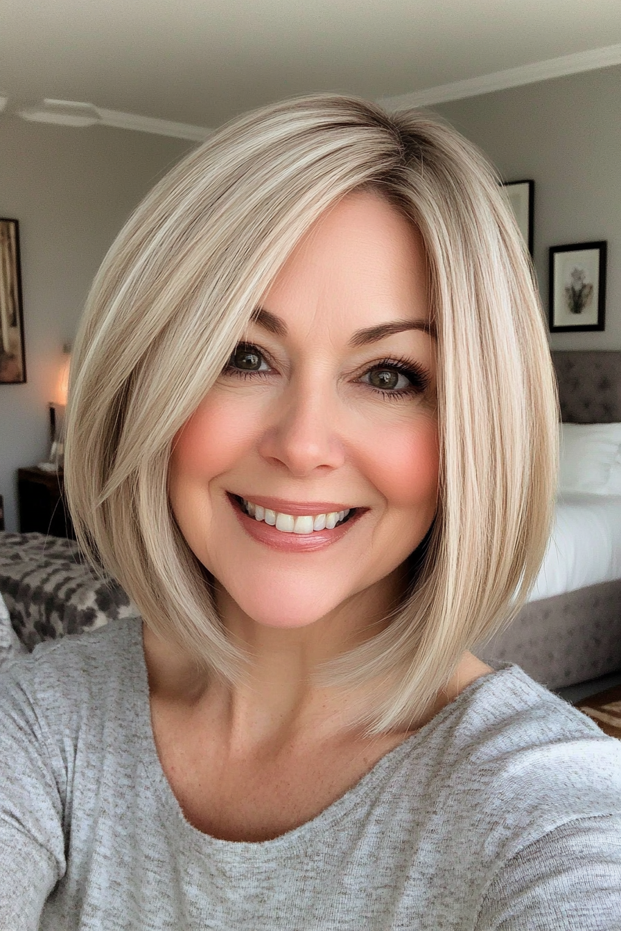 13. Neutral Blonde Stapelte Bob mit Unterkut (Unterschnitte Frisuren für Frauen über 50) - Unterschnitte Frisuren für Frauen über 50