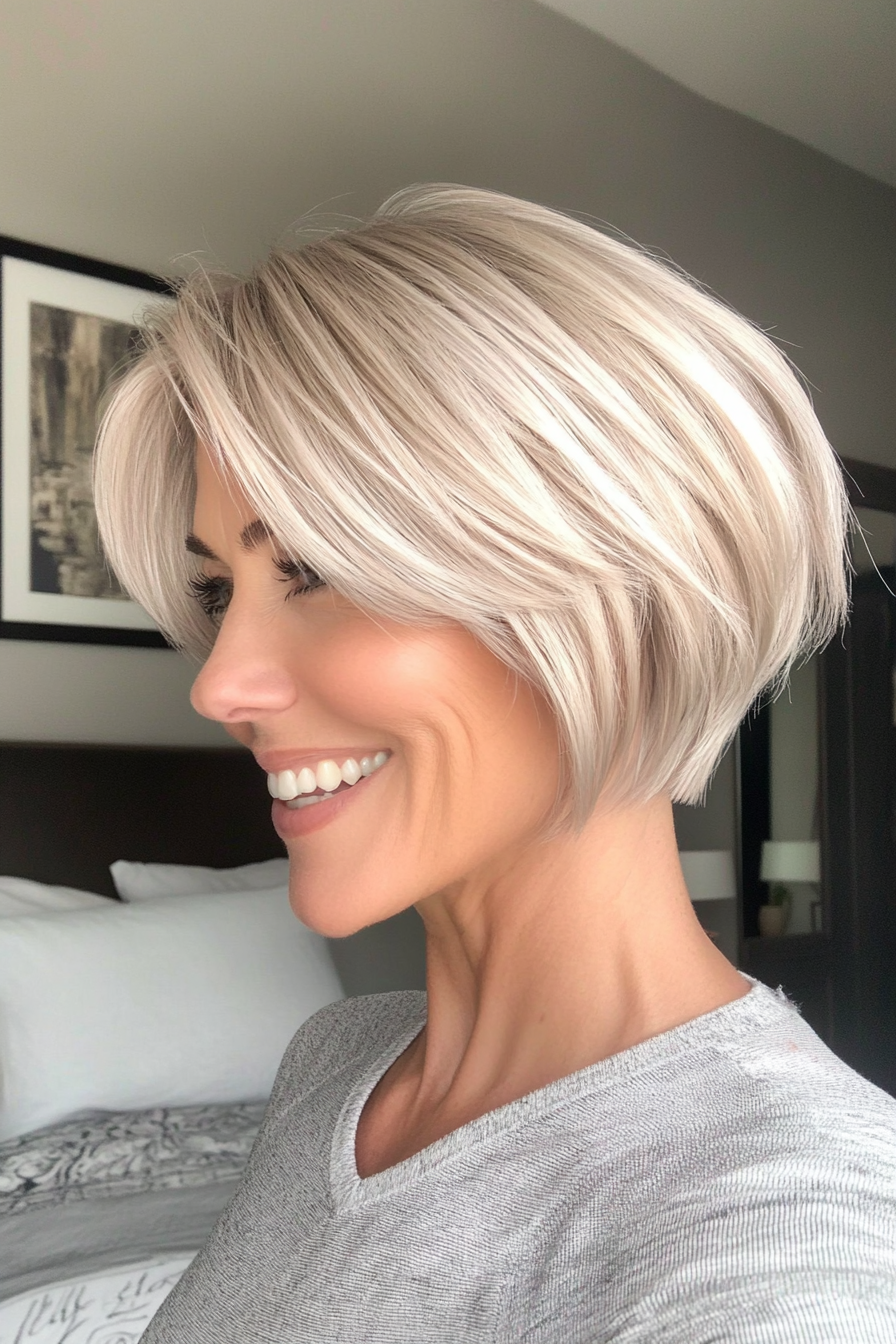 13. Platinblonde nervöse Bob (geschichtete kurze Haarschnitte für Frauen über 40) - geschichtete kurze Haarschnitte für Frauen über 40 überlagert