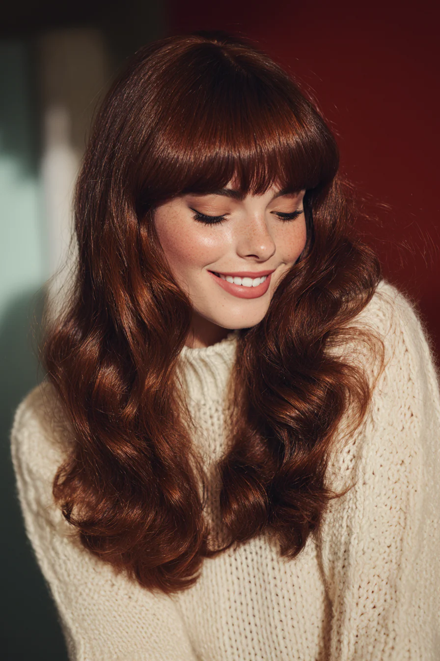 13. Retro-inspirierte Curtain Bangs mit tiefen kastanienbraunen Wellen (Curtain Bangs Haircuts) – Curtain Bangs Haircuts