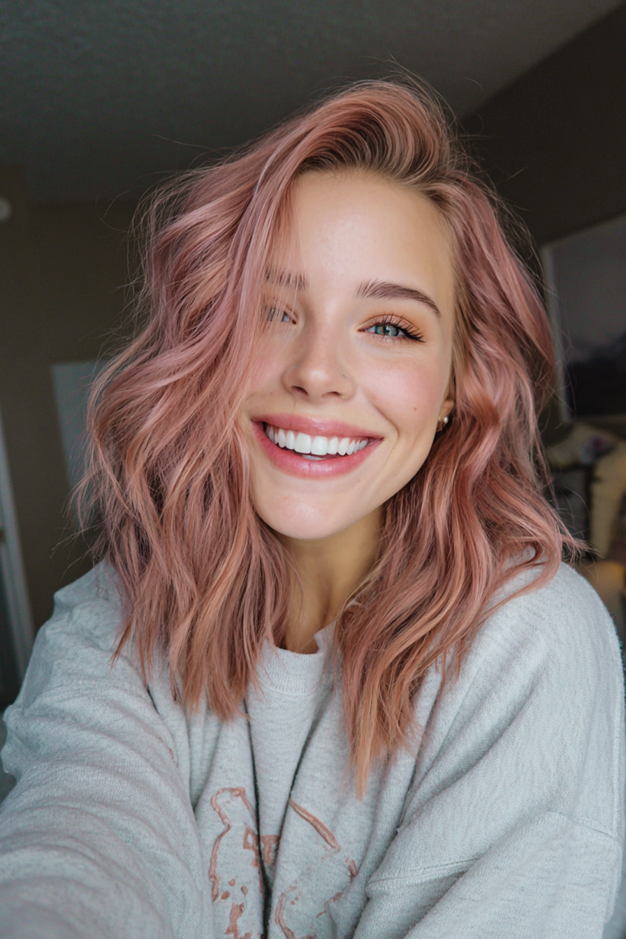 13. Romantische Wellen in rosarioden Goldmischungen (wellige schulterlange Frisuren) - wellige schulterlange Frisuren