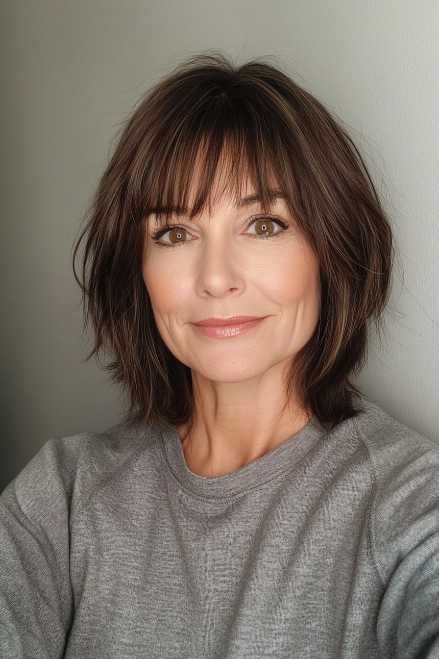 13. Abgerundeter Bob mit Baby -Pony in dunkler Mokka (Haarschnitte für Frauen über 60 mit Pony) - Haarschnitte für Frauen über 60 mit Pony