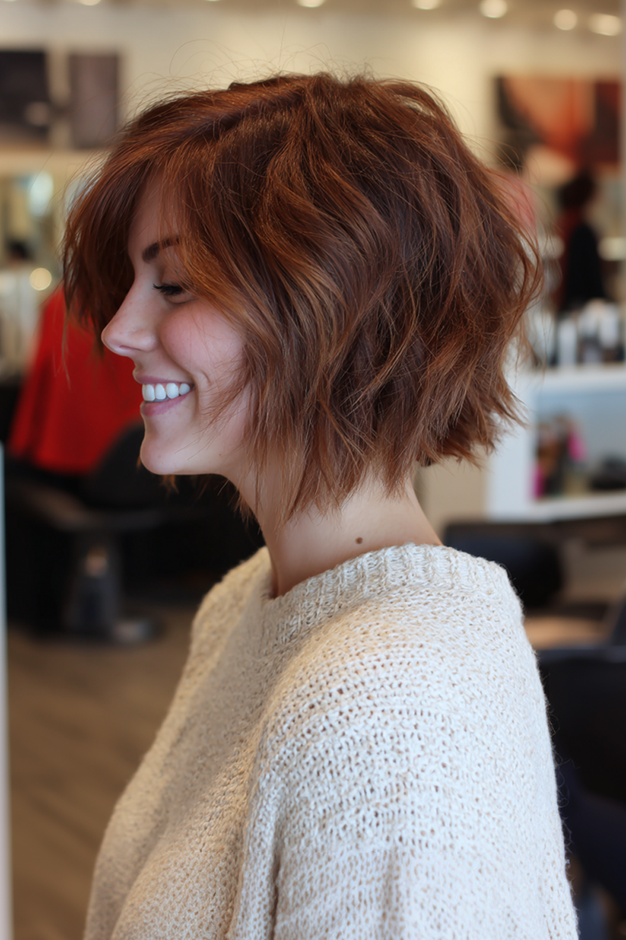 13. Shag -inspiriertes Bob mit Kasturnakzenten (mittelgroße geschichtete Bob -Frisuren) - mittelgroße, geschichtete Bob -Frisuren