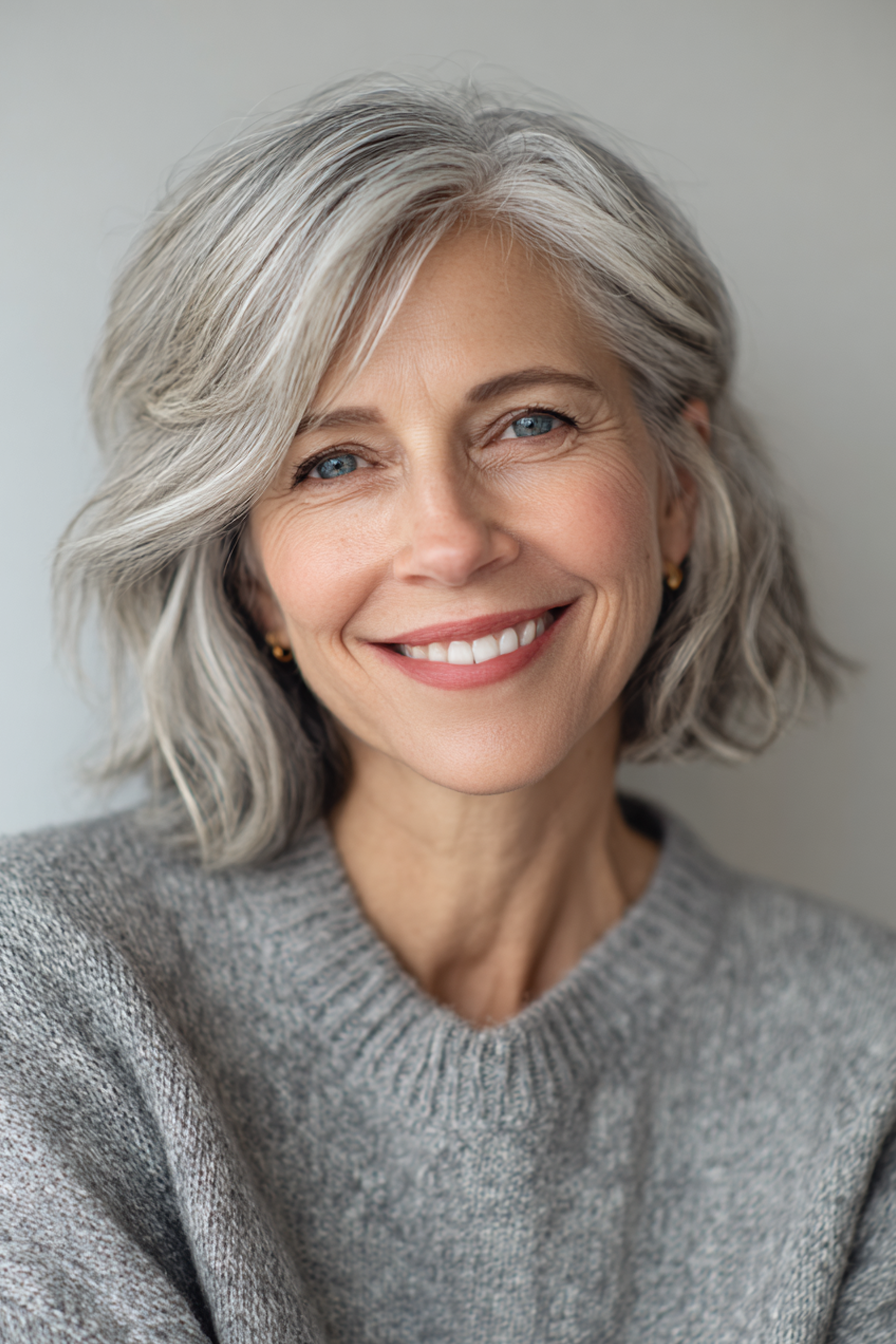 13. Kurzgeschichtetes Bob mit Vorhang Pony in weicher grauer Mischung (kurze Bob -Haarschnitte für Frauen über 50) - Kurzschichtige Bob -Haarschnitte für Frauen über 50