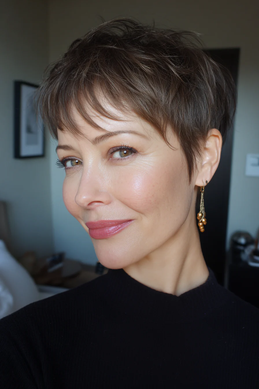 13. Kurzer mokkafarbener Pixie mit seitlich geschwungenem Pony (kurze Frisuren für Frauen über 40 mit dünnem Haar) – Kurze Frisuren für Frauen über 40 mit dünnem Haar