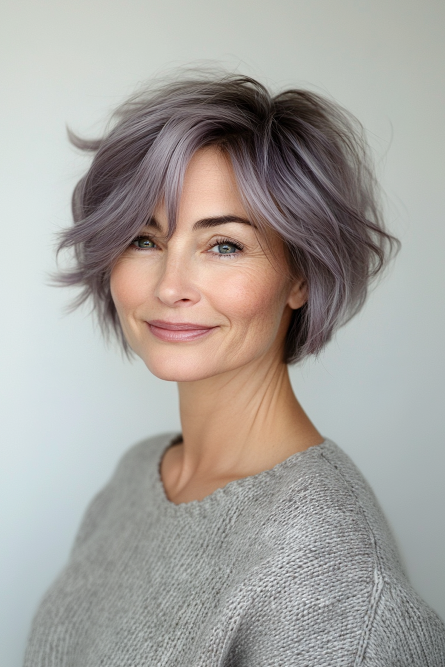 13. Kurzer, abgerundeter Shag in staubigem Lavendel (kurze Frisuren für ältere Frauen mit feinem Haar) - kurze Frisuren für ältere Frauen mit feinem Haar