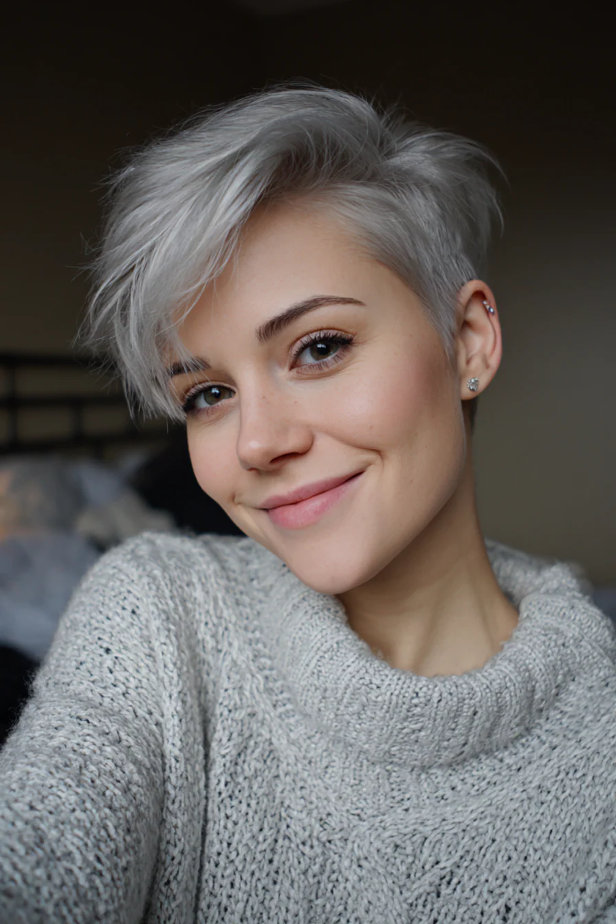 13. Side-Swept Pixie in Smoky Silver (Haarschnitte für dünnes Haar) – Haarschnitte für dünnes Haar