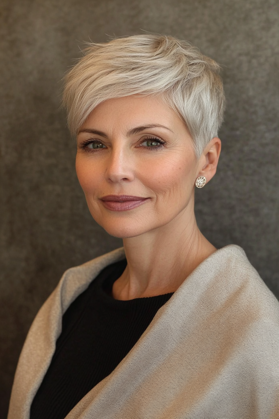13. Silber Beige Pixie (kurze Haarschnitte für Frauen über 60 mit feinem dünnem Haar) - kurze Haarschnitte für Frauen über 60 mit feinem dünnem Haar