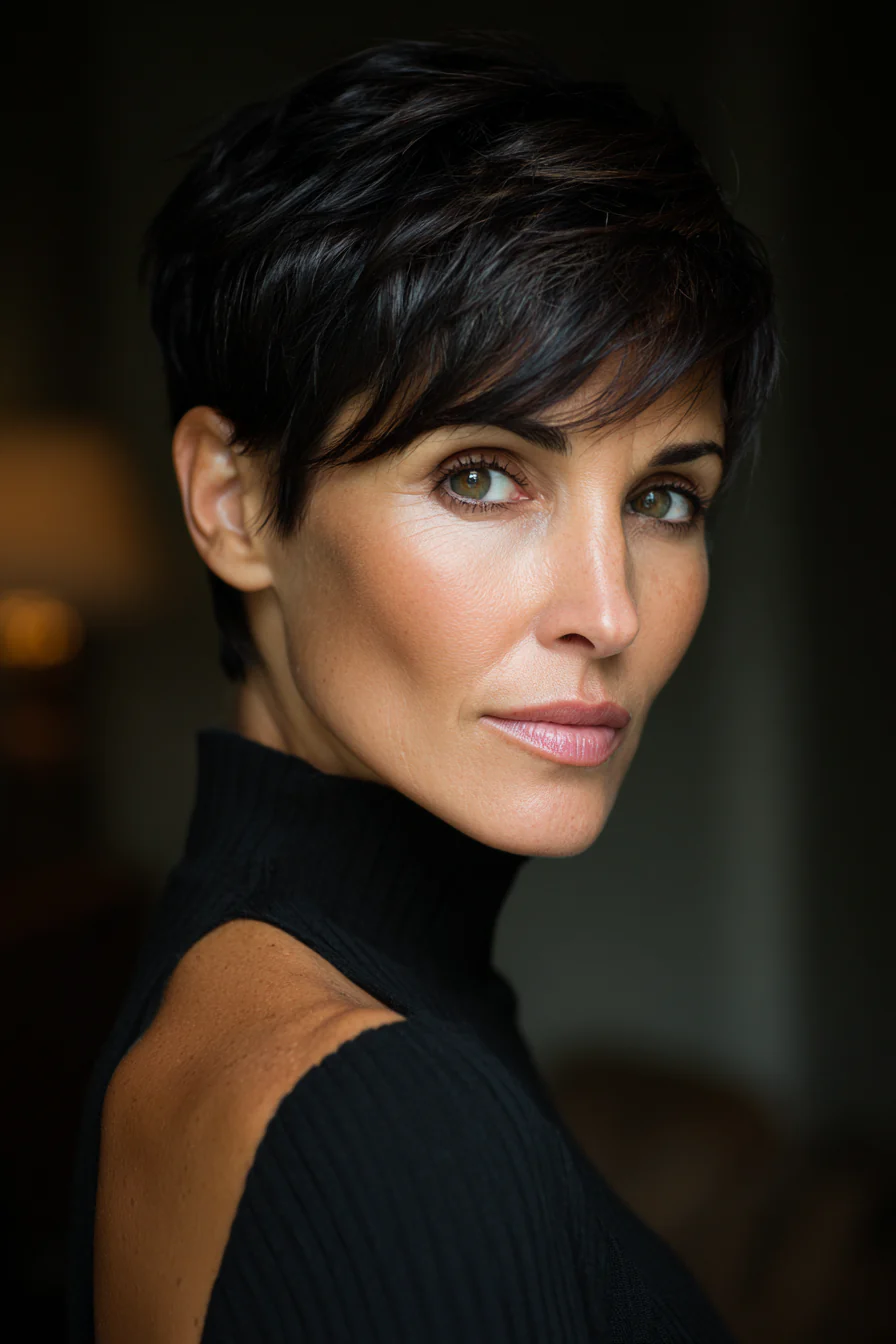 13. Sleek Dark Brunette Pixie (Pixie-Frisuren für Frauen über 40) – Pixie-Frisuren für Frauen über 40
