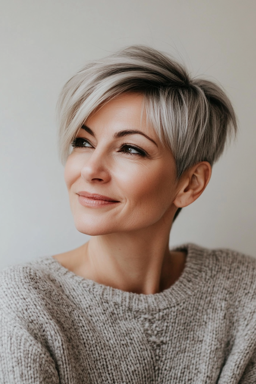 13. Smoky Quartz Seitenteilpixie (lange Pixie -Haarschnitte für ältere Frauen) - Lange Pixie -Haarschnitte für ältere Frauen