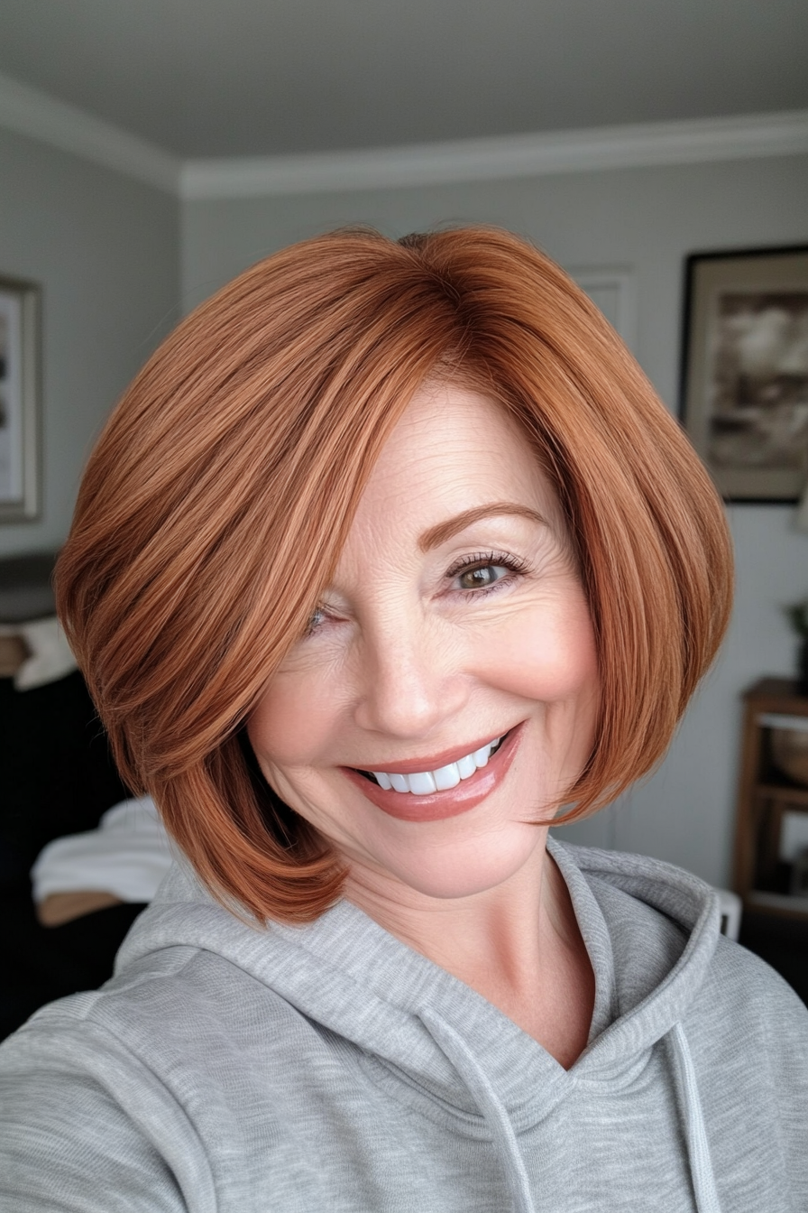 13. Soft Auburn gerundeter Stack (kurze Haarschnitte für Frauen über 50) - kurze Haarschnitte für Frauen über 50