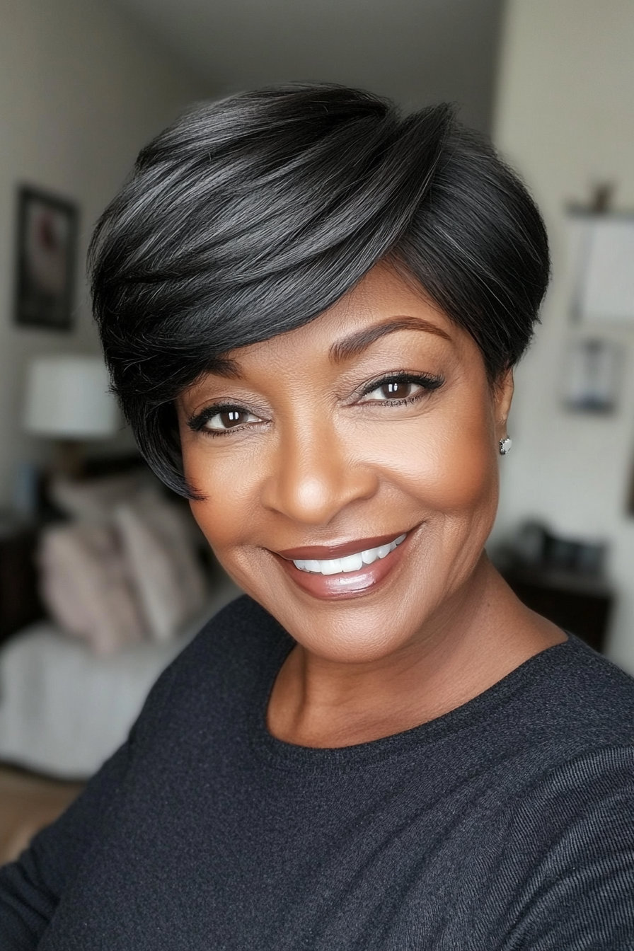 13. Weiche schwarze, verkürzte Schichten mit Seitenknall (kurze Frisuren für schwarze Frauen über 60) - kurze Frisuren für schwarze Frauen über 60