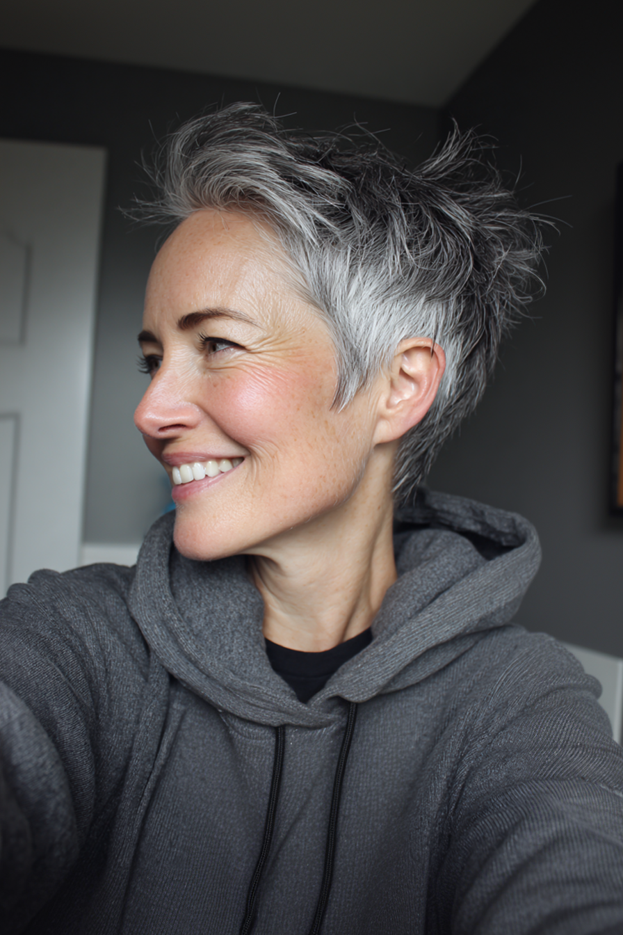 13. Stahlgrau Wispy Pixie (Pixie -Frisuren für Frauen über 40) - Pixie -Frisuren für Frauen über 40