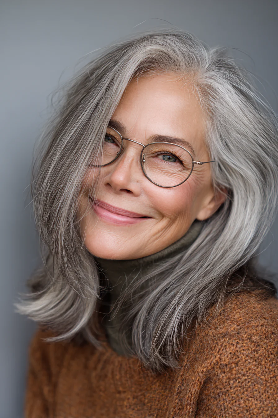 13. Strukturierte Schichten mit Seitenscheitel in Silbergrau (Lange Frisuren für Frauen über 50 mit Brille) – Lange Frisuren für Frauen über 50 mit Brille