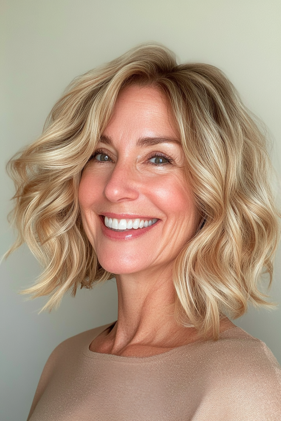 13. Bob mit goldenem blonden Glühen (Frisuren für Frauen über 50 mit welligen Haaren) - Frisuren für Frauen über 50 mit welligen Haaren