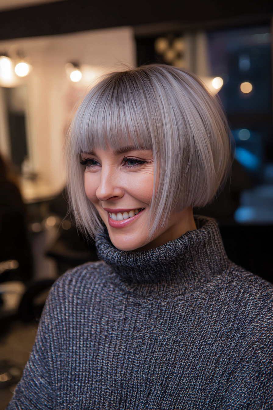 13. Unterkürzung Bob mit gerader Fransen in silbernen Blondine (kurze Bob -Frisuren mit Pony) - kurze Bob -Frisuren mit Pony