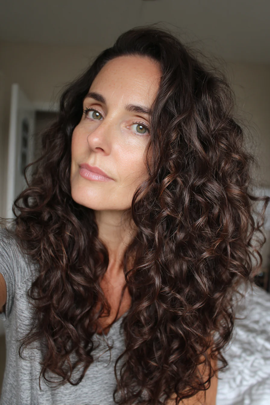 13. Voluminöse Locken mit dunklem Walnussholz (Haarschnitte für Frauen über 50 mit dunklem Haar) – Haarschnitte für Frauen über 50 mit dunklem Haar