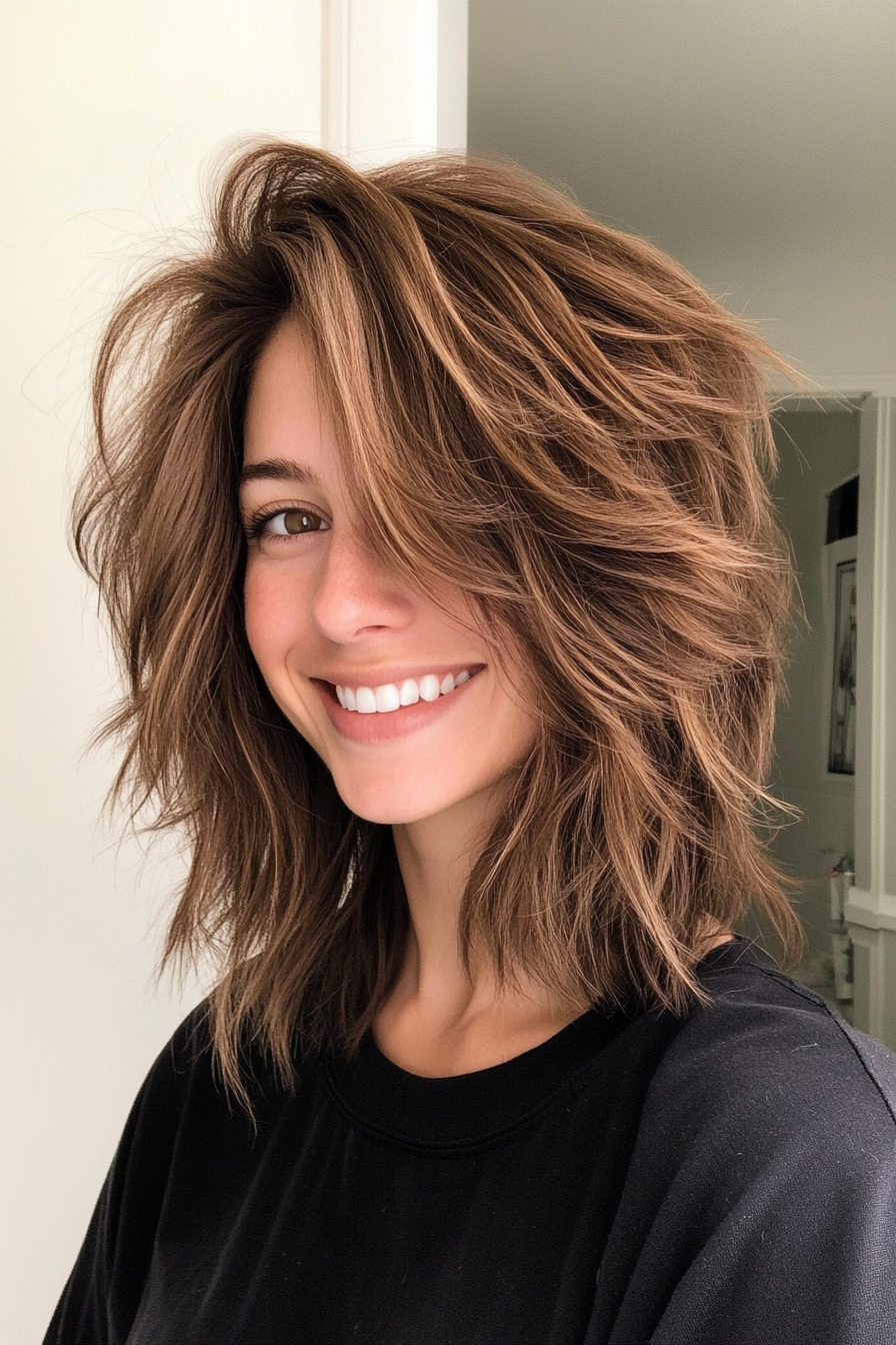 13. warmer braun strukturierter Shag (zottelige Haarschnitte für dickes Haar) - Shaggy -Haarschnitte für dickes Haar