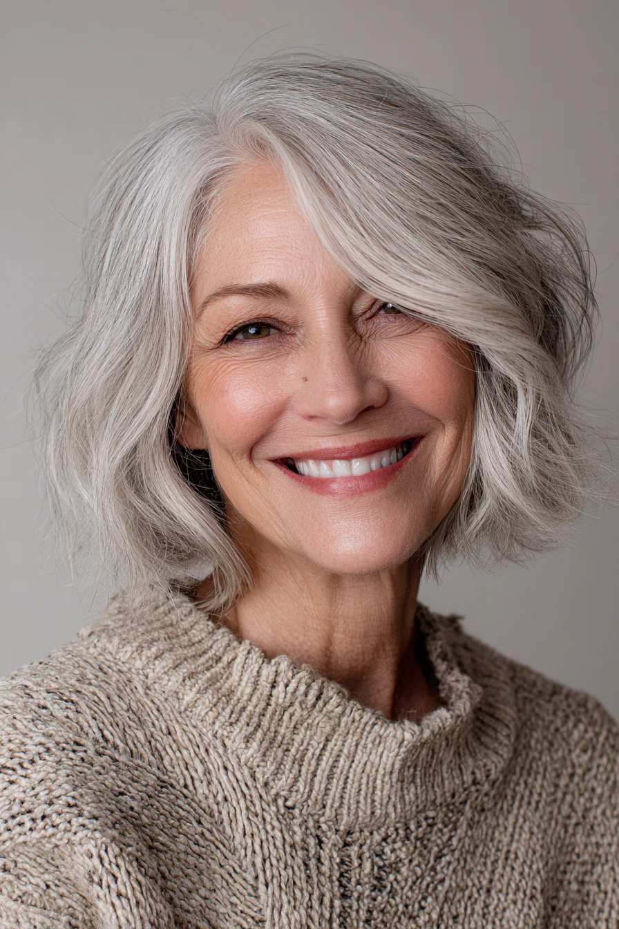 13. Welliger, kinnlanger Bob in Karamellsilber (Haarschnitte für Frauen über 60 mit schütterem Haar) – Haarschnitte für Frauen über 60 mit schütterem Haar