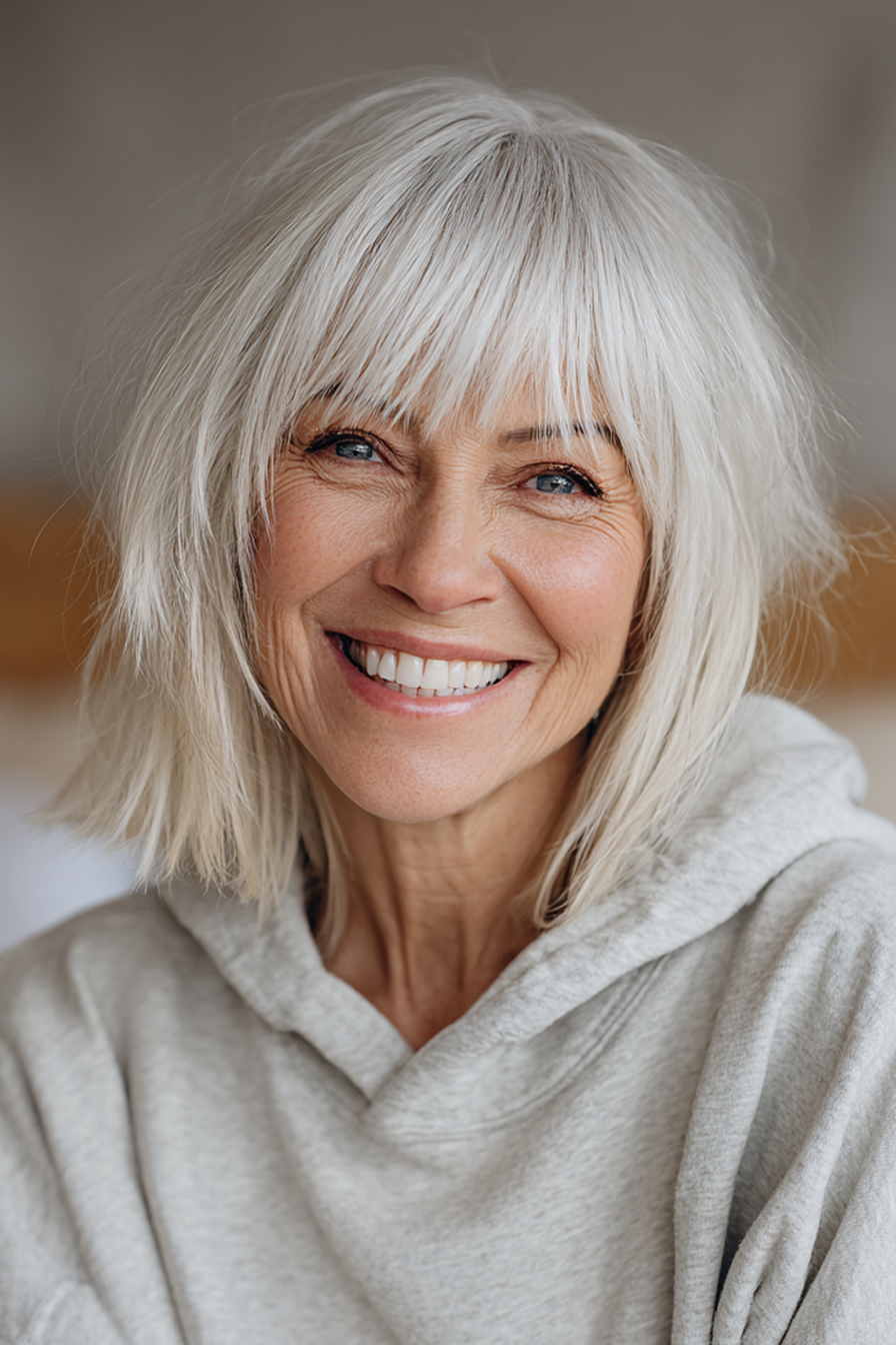 13. Weißblondes Zottelhaar mit Fransen (Kurzzottelfrisuren für Frauen über 60) – Kurze Zottelfrisuren für Frauen über 60