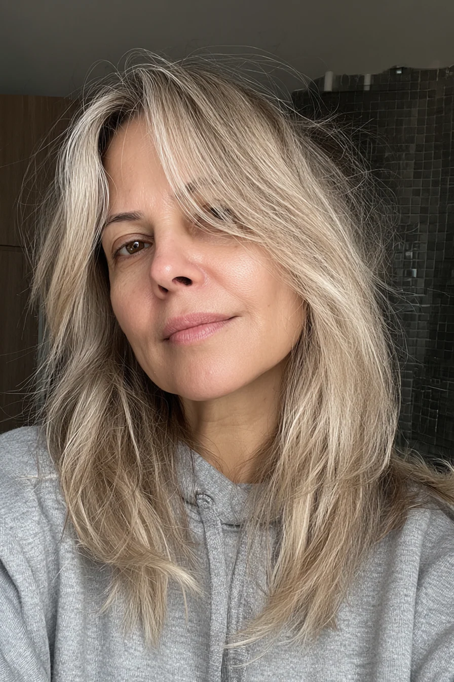 13. Windgepeitschter Shag mit aschblondem Ombre (zottelige Haarschnitte für Frauen über 40) – Zottelige Haarschnitte für Frauen über 40