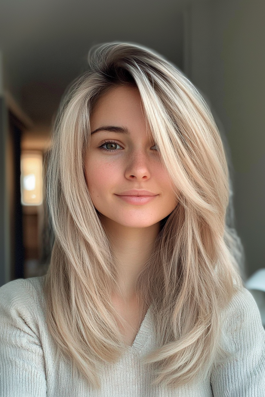 14. luftige lange Schichten mit kühlem Champagner (geschichtete Haarschnitte für dünnes Haar) - geschichtete Haarschnitte für dünnes Haar