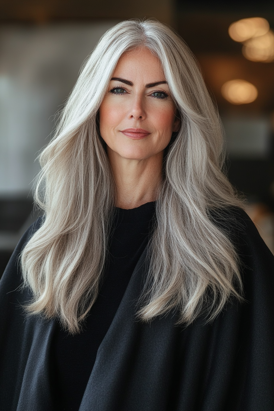 14. Ascheblonde gerade Schichten (Frisuren für Frauen über 40 mit langen Haaren) - Frisuren für Frauen über 40 mit langen Haaren