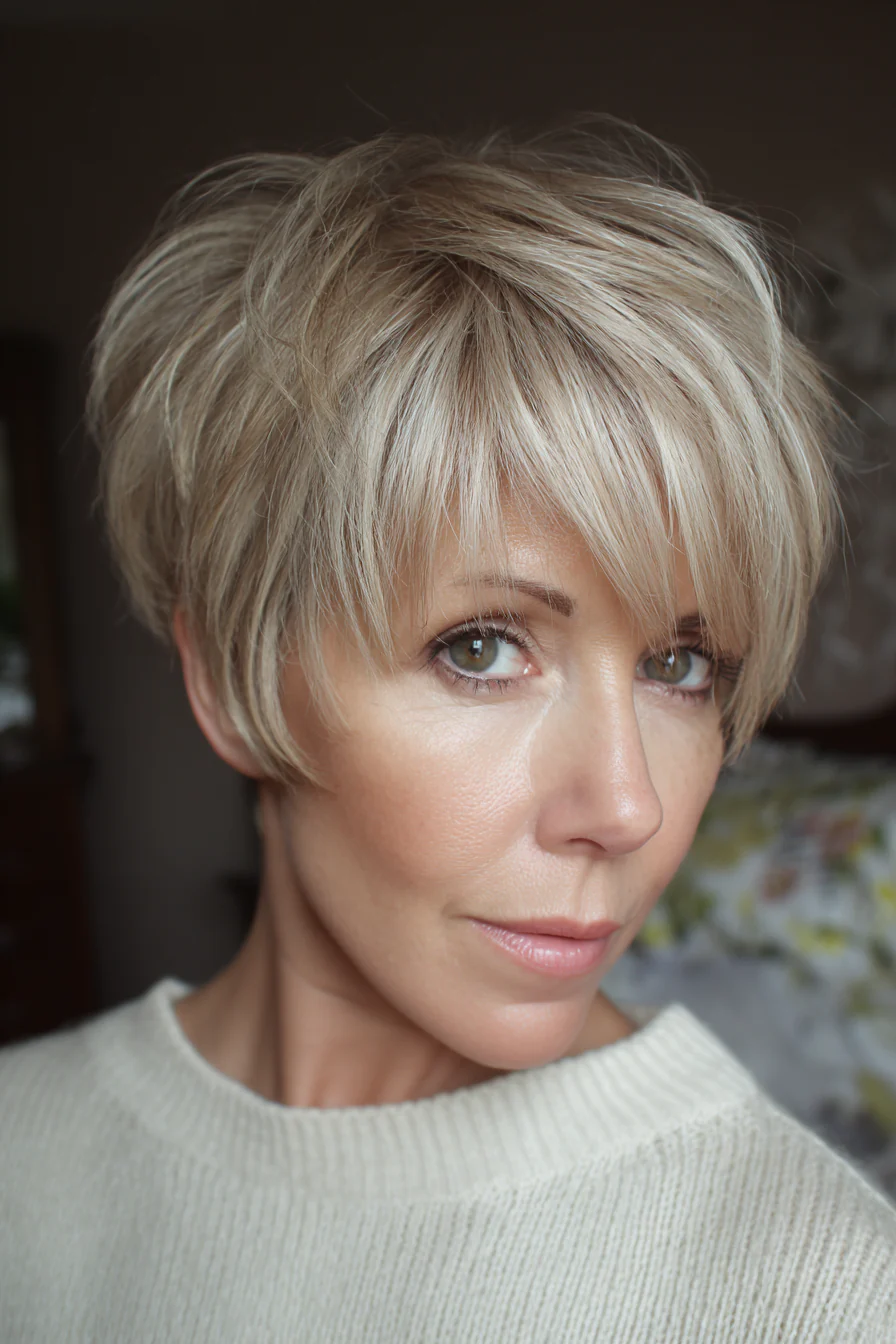 14. Beigeblonder, geschichteter Pixie (Pixie-Frisuren für Frauen über 40) – Pixie-Frisuren für Frauen über 40